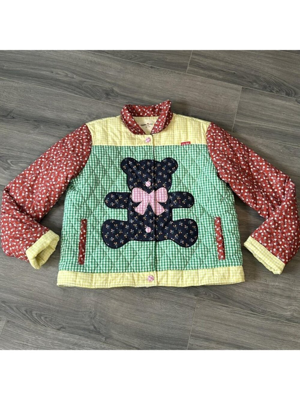 Teddy Fresh Jacket Womens L Multicolor Quilted Gingham Teddy Bear Patchwork Bow